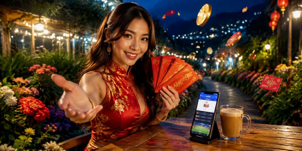 Sampul merah bonus bergaya Melayu Malaysia menggambarkan promosi perayaan dalam talian di 21700